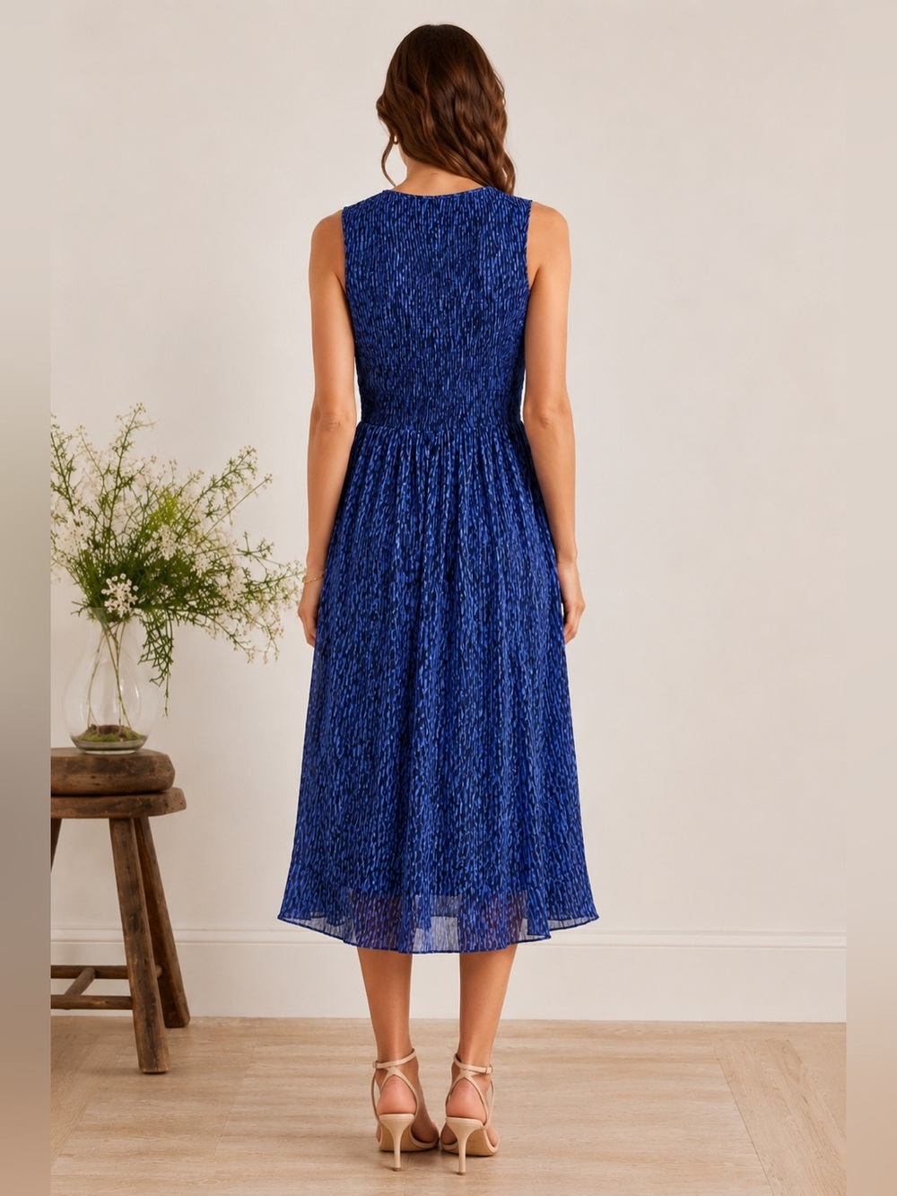 Rebecca Taylor Silk Blend Smocked Midi Dress Blue Print Sleeveless Size 4 - Picture 2 of 12